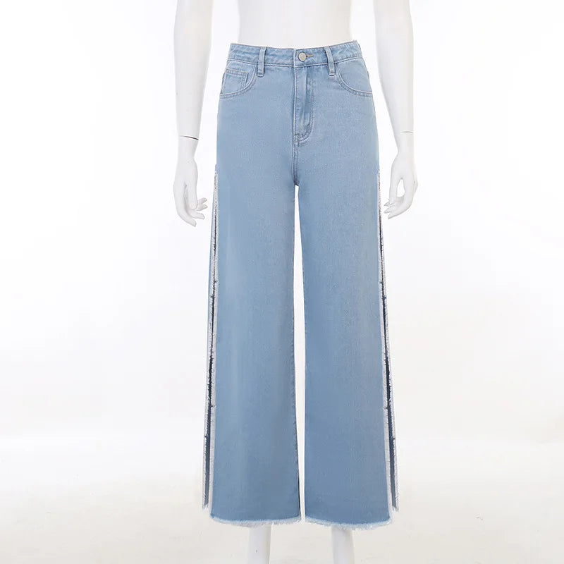 Split Straight Jeans Long Pant Fur Denim Trouser Female Street Clothing Summer New Jeans