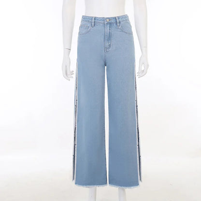 Split Straight Jeans Long Pant Fur Denim Trouser Female Street Clothing Summer New Jeans