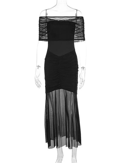 Autumn Mesh 2 Piece-set Long Dress Off-shoulder Pleated Bandeau Dress See-through Female Maxi Dress Outfits