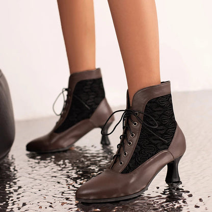 White Red Victorian Pointed Toe Ankle Boots Pu Leather Embroidered Laces Punk Crosstied Kitten High Heel Shoes