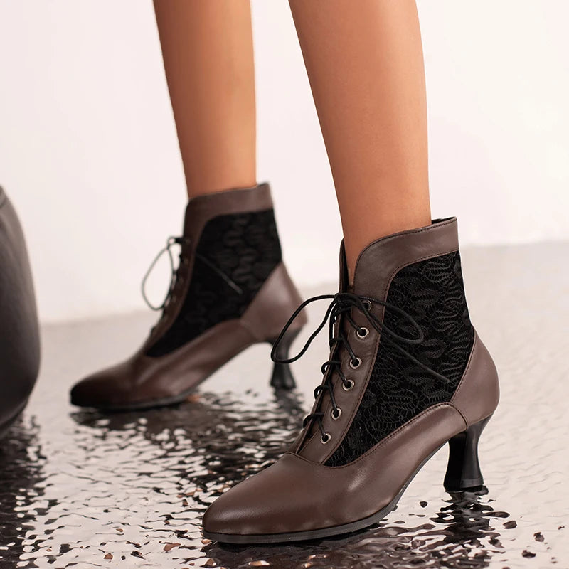 White Red Victorian Pointed Toe Ankle Boots Pu Leather Embroidered Laces Punk Crosstied Kitten High Heel Shoes