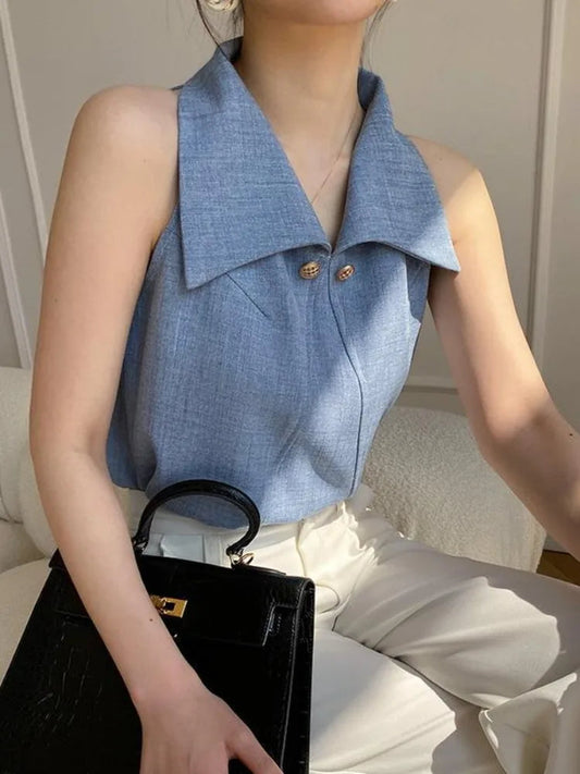 Temperament Lapel Blouse Sleeveless Off Shoulder Blue Shirts Office Lady Formal Tops Summer