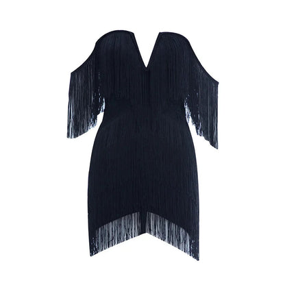 New Tassel Bandage Dress V Neck Off Shoulder Bodycon Nightclub Celebrity Female Party Mini Dresses