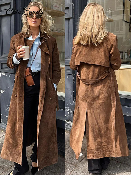 Suede Long Trench Coat Belt Double Breasted Full Sleeve Brown Windbreaker Autumn Lady Street Outwears New