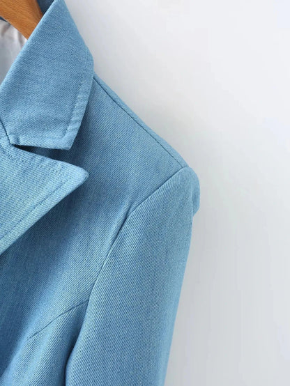 Spring Denim Blazer for Long Sleeves Pockets Lapel Single Button Jacket Female Loose Causal Coat