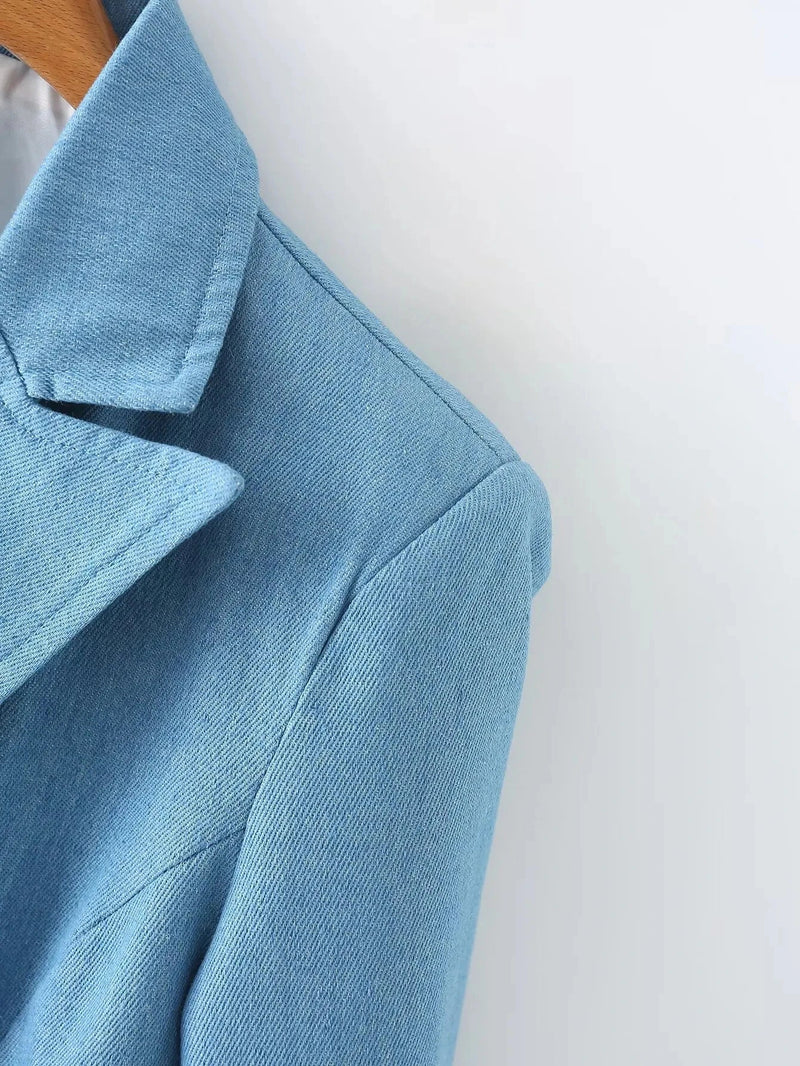 Spring Denim Blazer for Long Sleeves Pockets Lapel Single Button Jacket Female Loose Causal Coat
