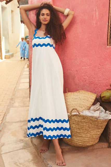 Summer Printed A-line Long Dress Backless Holiday Beach Spaghetti Strap Dresses for Maxi Vestidos Para Mujer