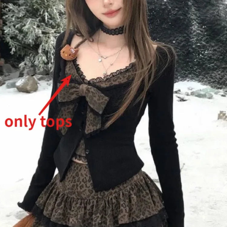Leopard Print Bow Slim Fit Long Sleeve Lace Coat + Y2k High Waist Cake Skirts Autumn Winter New Two Piece Sets