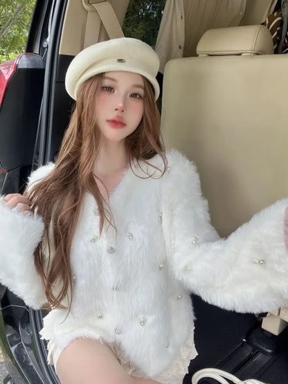 Sweet Hot Girl Mink Fur Knitted Cardigan Autumn and Winter Loose Oneck Longsleeved Short Top Female Clothes