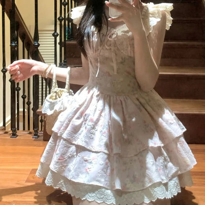 Flying Sleeve Sweet Mini Dresses Square Neck Ruffles Spring Summer Dress Korean Vestidos Mujer