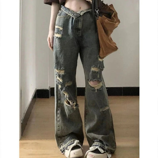 Baggy Woman's Ripped Jeans Y2k Hip Hop Oversize Denim Pants America High Street Retro Grunge Trousers Korean Style