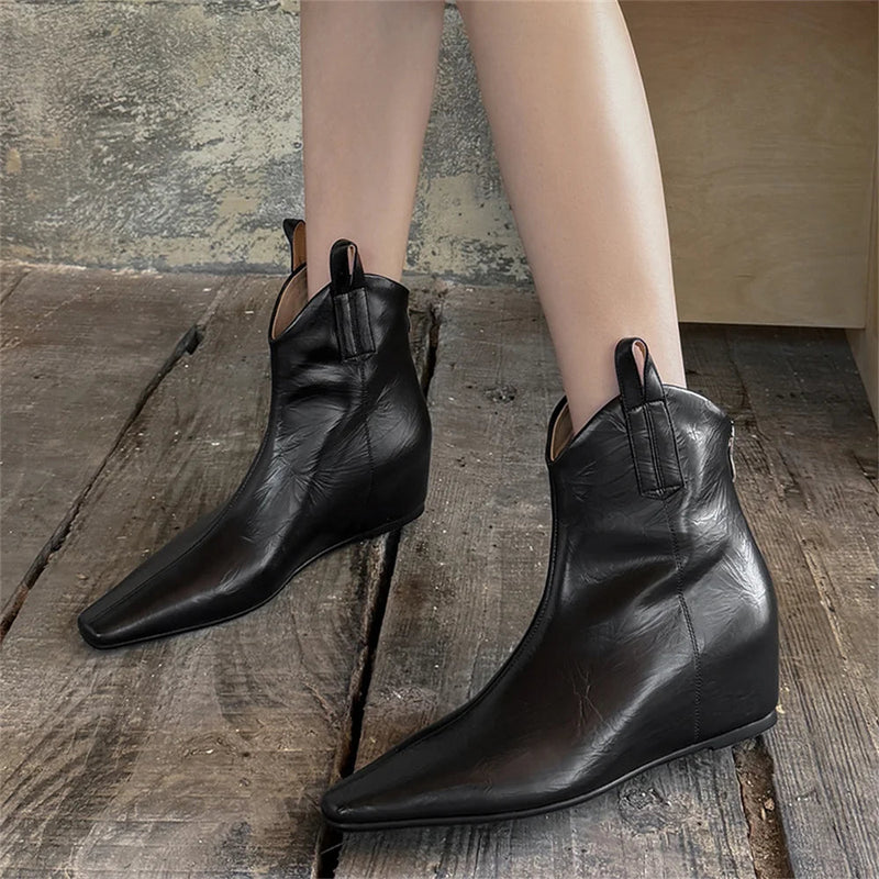 Wedges High Heels Ankle Boots Pointed Toe Office Pumps Side Zipper Easy Wear Short Warm Boots Shoes