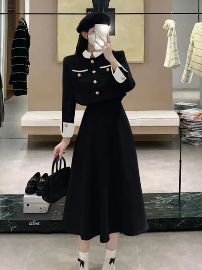 New Small Fragrance Two Piece Set Short Jacket Coat + Long Skirt Suits Korean Ol 2 Piece Sets