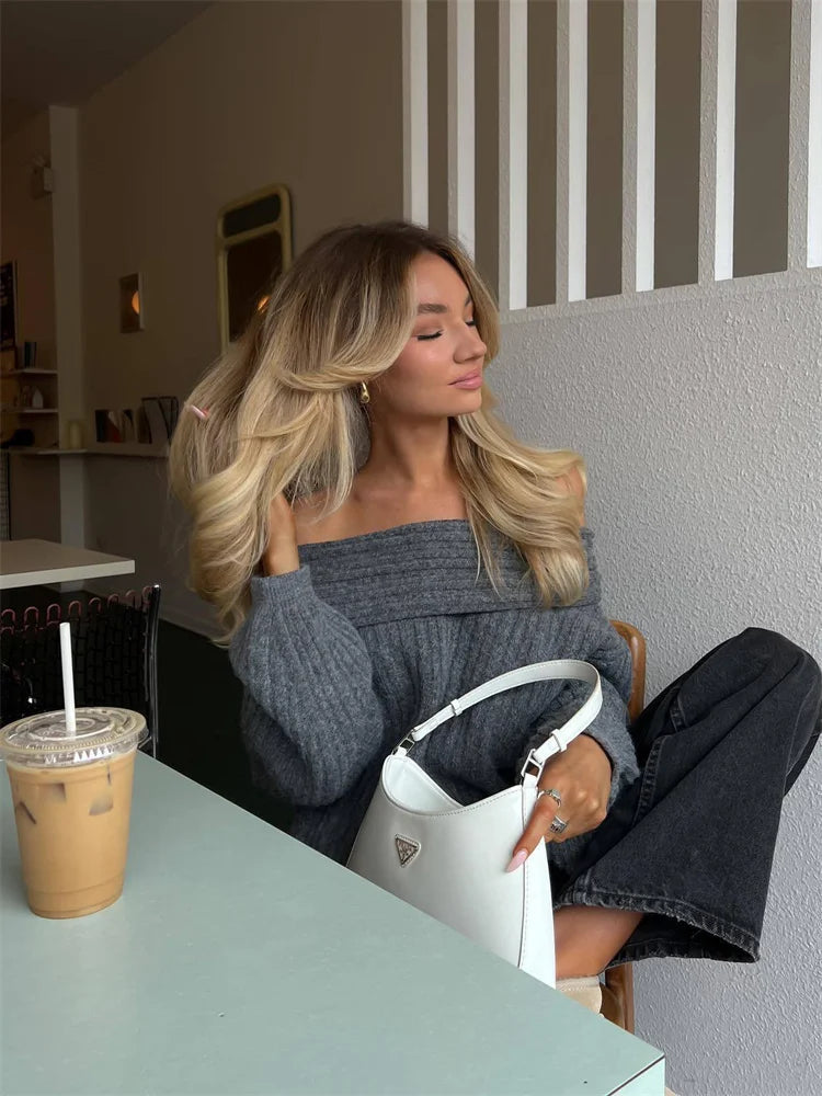 Offshoulder Knit Sweater Pullover for Slim High Street Loose Patchwork Camisola Knitwear Top