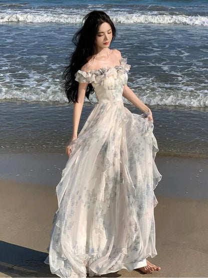Summer Midi Dress Aline Ruffles Beach Holiday Clothes Female Robe Vestidos New