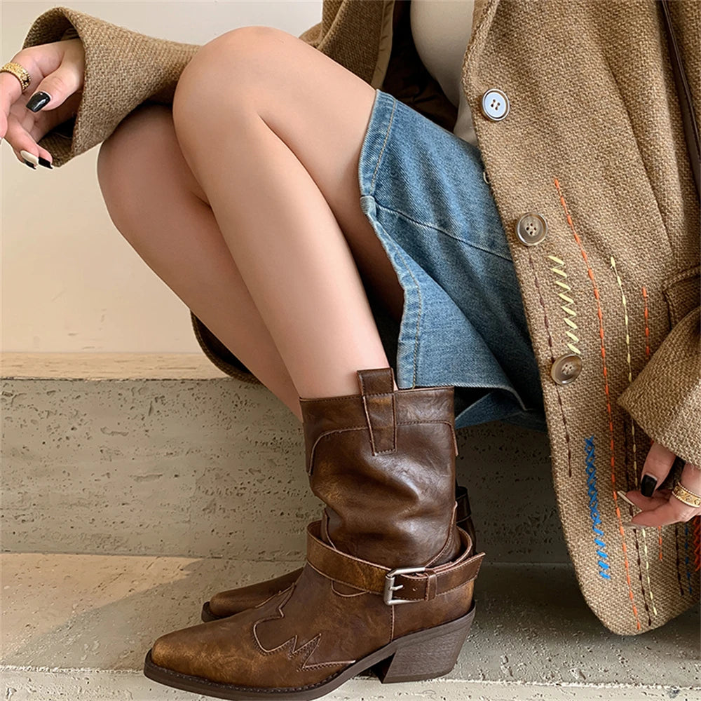 Ankle Boots Genuine Leather Chunky High Heels Shoes for Winter Western Cowboy Short Boots Shoes Woman