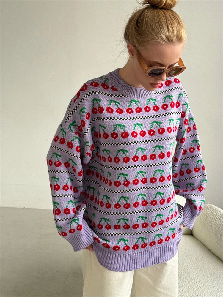 Printed Knit Sweater Pullover for Loose Patchwork Contrast Long Sleeve Top Knitwear ’s Pullover
