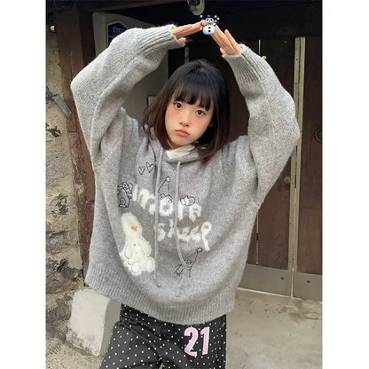 Kawaii Snowman Hooded Sweatshirt Gray Ribbed Hoodies Knitwear Korean Oversize Cutecore Winter Clothes