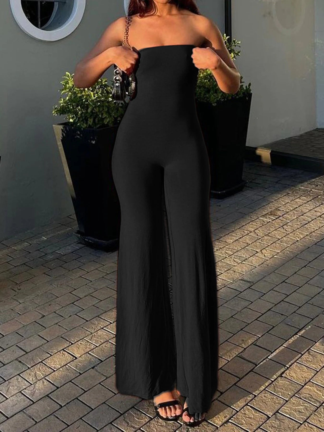 Black Strapless Long Jumpsuits for Slim Wide Leg Flared Rompers Simple Vacation Overalls