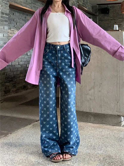 Loose Jeans Hearts Summer Pants Summer Denim High Waist Slim New Wide Leg All Match