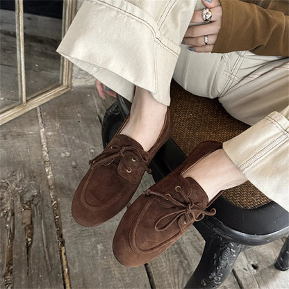 Ballet Flats Shoes Suede Leather Lace Up Loafers Flats Heels Street Office Lady Loafers Shoe