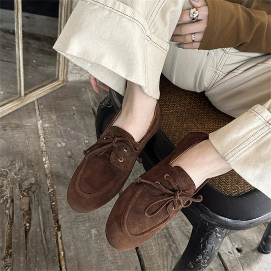 Ballet Flats Shoes Suede Leather Lace Up Loafers Flats Heels Street Office Lady Loafers Shoe