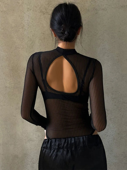 See Through Bodysuit Backless Hollow Out Transparent Club Jumpsuits Black Tee Summer