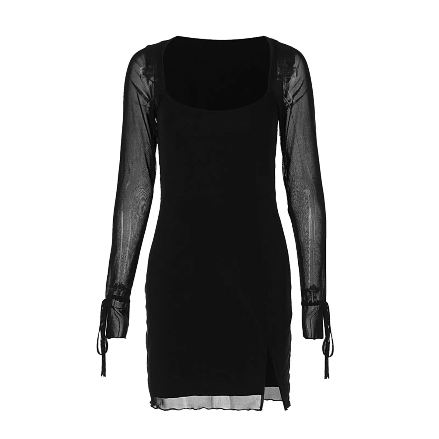 See Through Mesh Square Collar Color Club Slit Mini Dress
