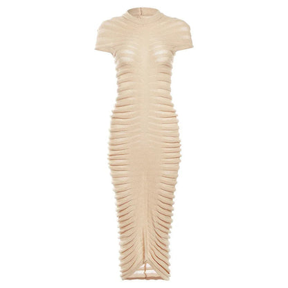 Striped Sleeve Knit Elastic Maxi Dress