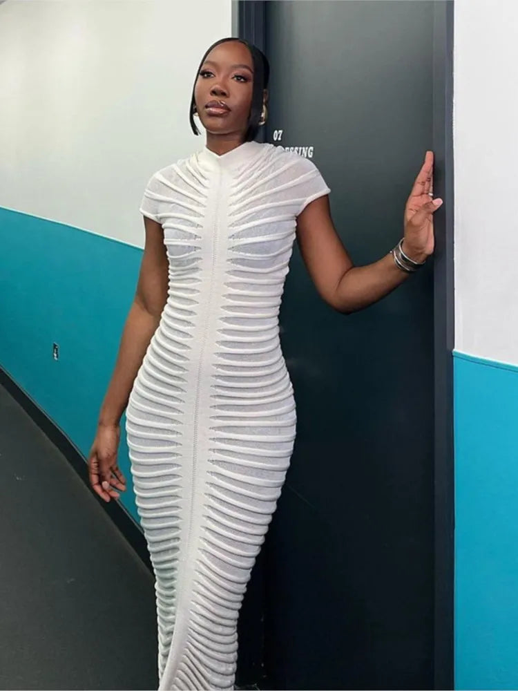 Striped Sleeve Knit Elastic Maxi Dress