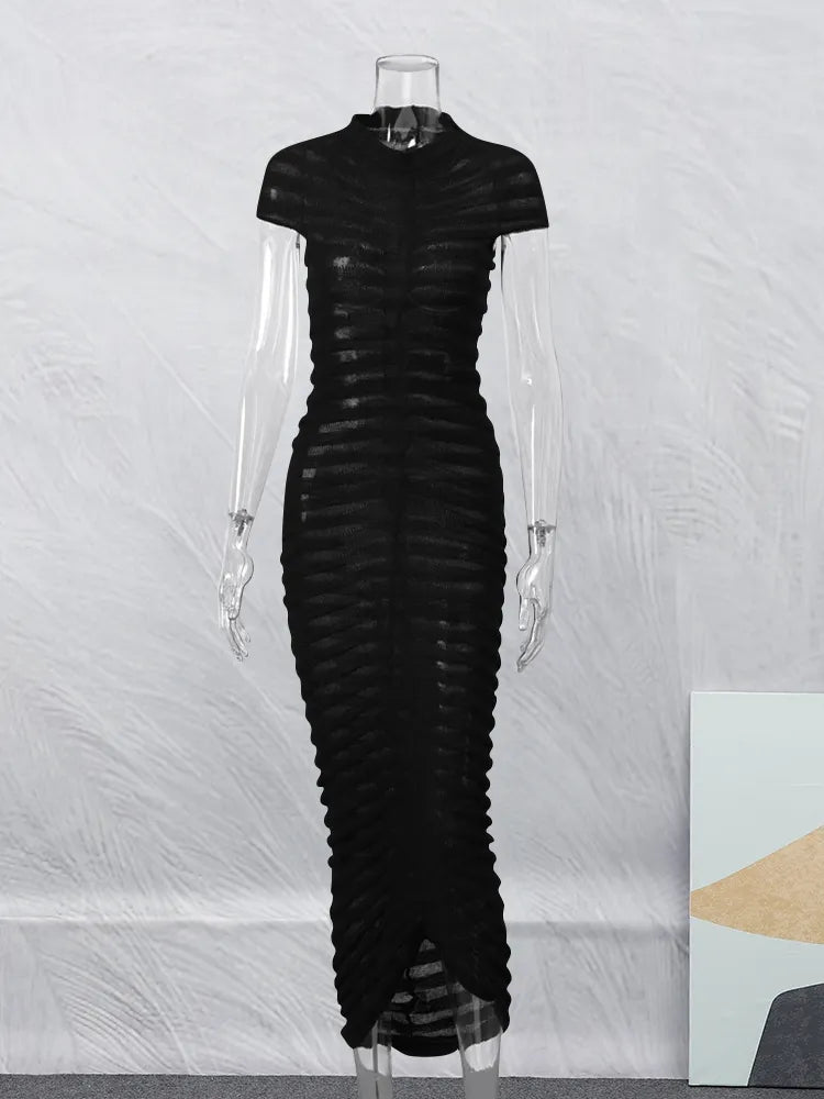 Striped Sleeve Knit Elastic Maxi Dress