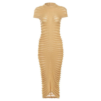 Striped Sleeve Knit Elastic Maxi Dress