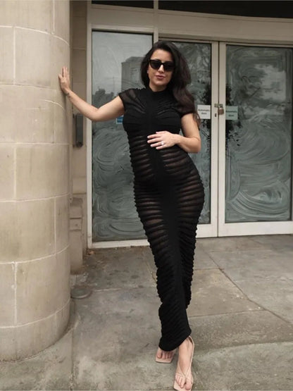 Striped Sleeve Knit Elastic Maxi Dress