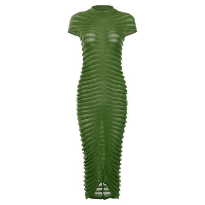Striped Sleeve Knit Elastic Maxi Dress