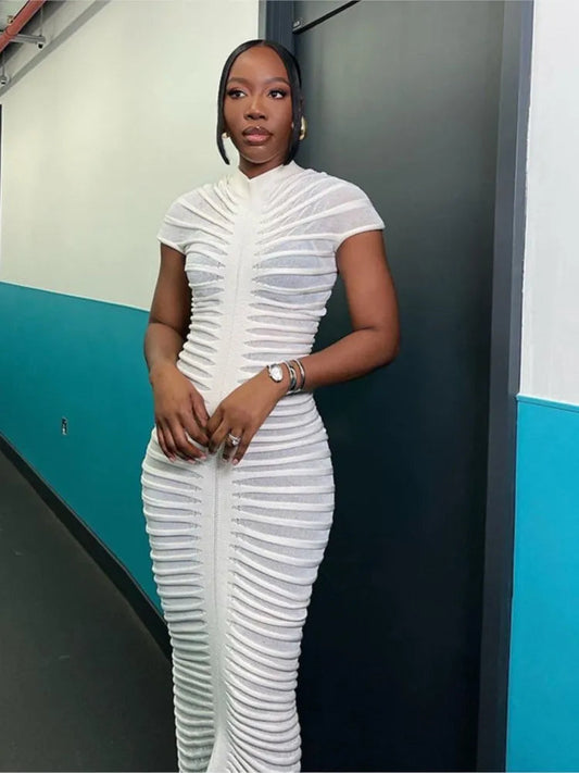 Striped Sleeve Knit Elastic Maxi Dress