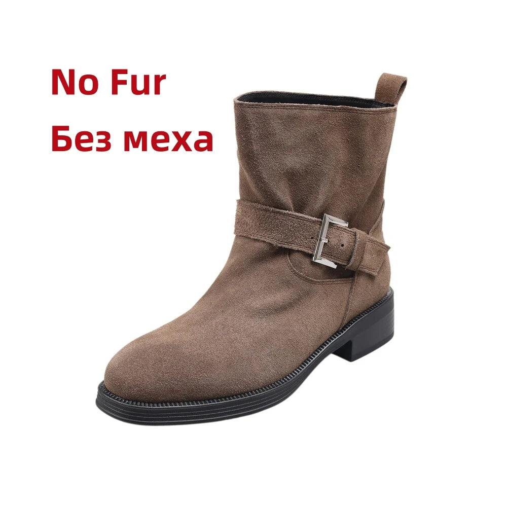 Ankle Boots Cow Suede Round Toe Motorcycle Boots Thick Low Heels Warm Autumn Winter Shoes Buckles Boots