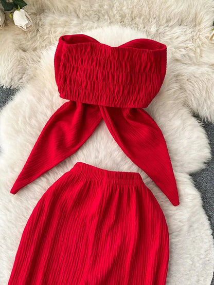 Bandeau Crop Tube Top & Wide Leg Pants Coord Set