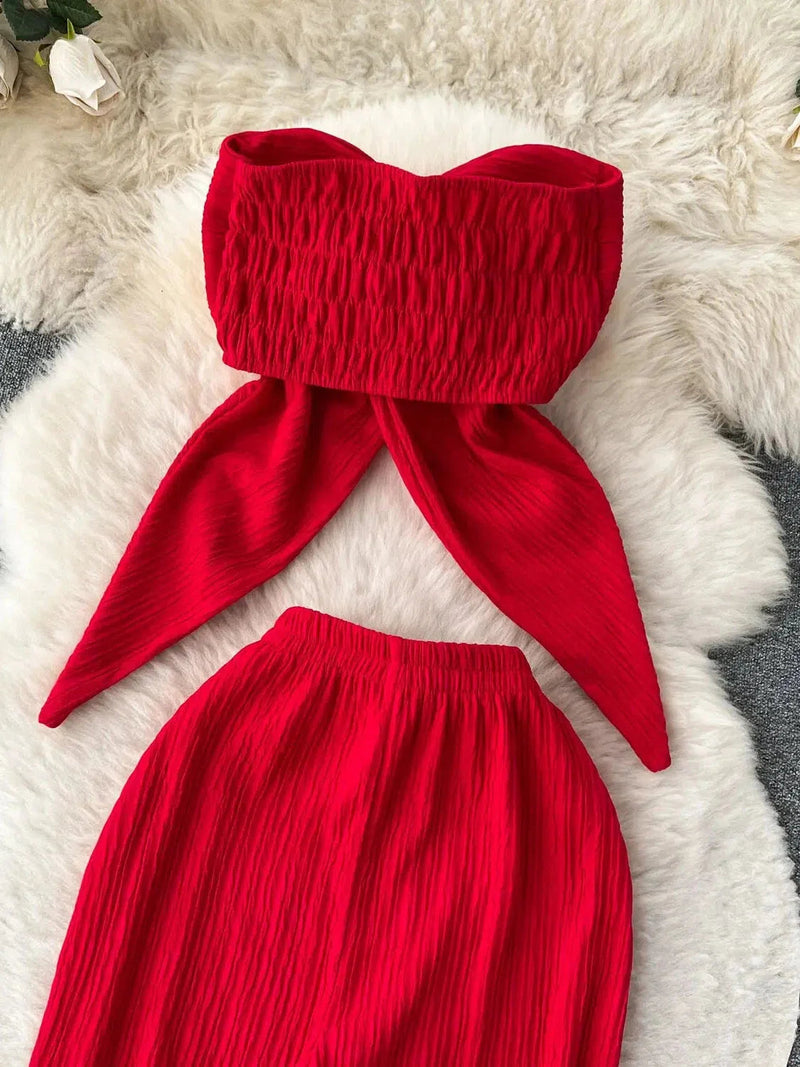 Bandeau Crop Tube Top & Wide Leg Pants Coord Set