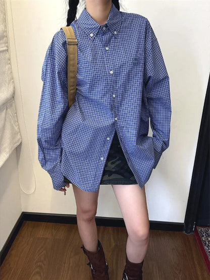Blue Plaid Shirts for Harajuku Letter Embroidery Checked Blouse Female Oversized Korean Clothes