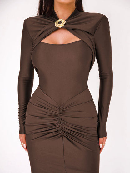 Long Sleeved Elastic Tight Long Dress Bodycon Pleated Party Club Evening Dress Hollowed Out Slim Vestido