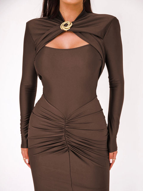 Long Sleeved Elastic Tight Long Dress Bodycon Pleated Party Club Evening Dress Hollowed Out Slim Vestido