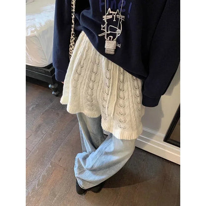 High Waist Lace Up Aline Skirt Spring New Korean Seethrough Hollow Color Knitted Mini Skirt