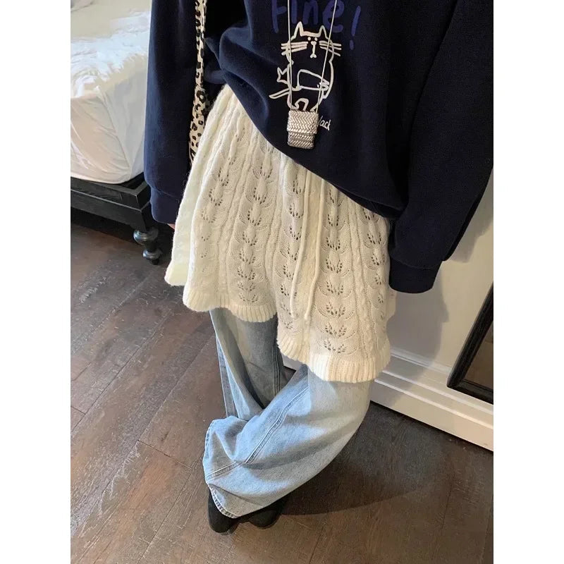 High Waist Lace Up Aline Skirt Spring New Korean Seethrough Hollow Color Knitted Mini Skirt
