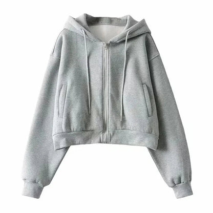 Autumn Spring Zip Up Hoodies Pockets Slim Crop Top Jacket Female Clothes Drawstring White Hoody Cotton Coats
