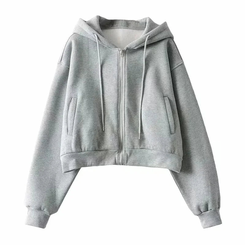 Autumn Spring Zip Up Hoodies Pockets Slim Crop Top Jacket Female Clothes Drawstring White Hoody Cotton Coats