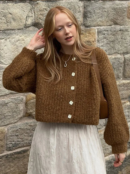 Retro Plush Single Breasted Cardigan Loose O-neck Short Sweaters Female Winter Autumn Street Knitwear