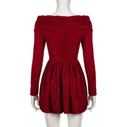 Aline Pleated Dress for Party Holiday Red Christmas New Year Ball Gown Mini Dresses Bow Slash Neck Robe