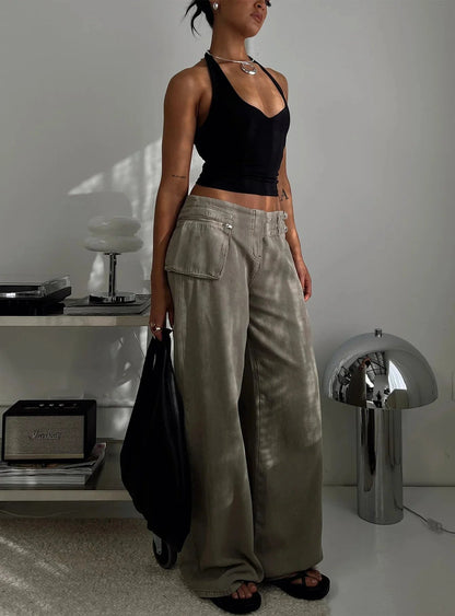 Pocket Adjustable Waist Wide Leg Pant Low Rise Waist Baggy Denim Trouser Jeans Femme Summer New