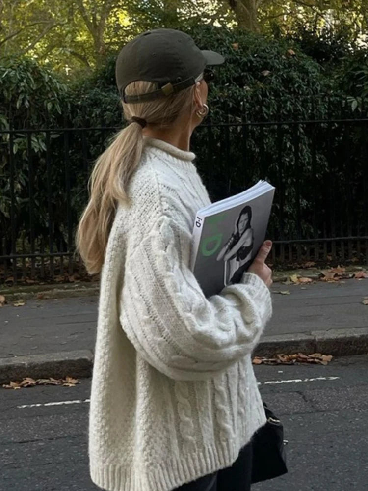 Knitted Long Sleeve Sweaters Loose White Half High Neck Pullover Sweater Female Autumn Simple High Street Tops