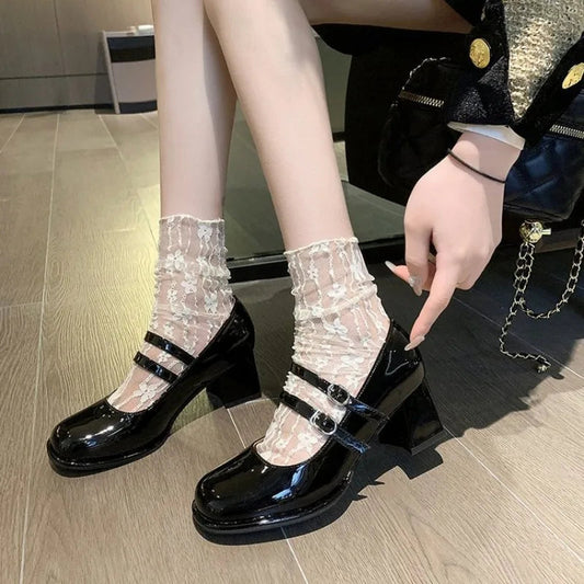 French Retro Leather Chunky Mary Jane Shoes Soft Soled Slipon High Heels Designer Jk Woman Shoes